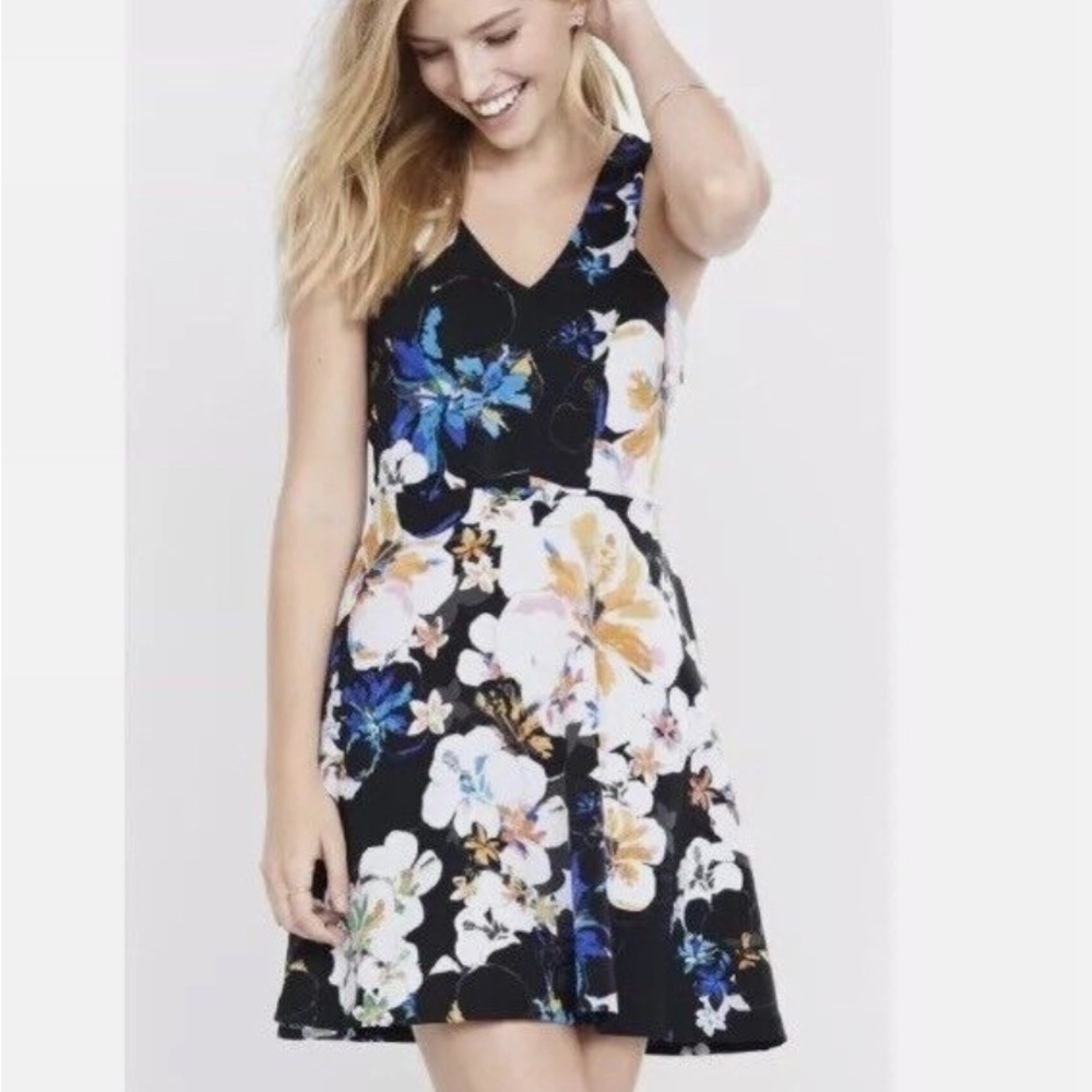 Express Women's Black Multi Color Floral A Line Dress